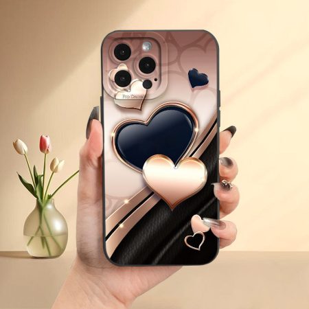 Protect Your Phone Champagne Color Texture Heart Pattern UV Printing Matte Mobile Phone Case 360 Degree All-round Protection iPhone 11 12 13 14 15 16 Pro Max XR X/ XS 7 8 Plus SE Mini Smartphone Best Gift