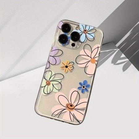 Colorful Flowers and Lines Space Transparent Phone Case for Apple iPhone 16 15 14 13 12 11 XS XR X 8 7 Mini Plus Pro Max SE Series Phone Case, Holiday Gift, Birthday Gift, Girlfriend, Boyfriend, Friend or