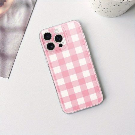 Pink checkered silicone phone case, suitable for iPhone 16/ 15/ 14/ 13series, shock absorption effect, durable phone case, fashionable phone case, thin phone case