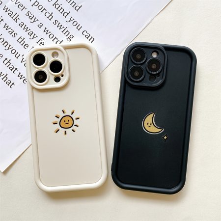 A Soft Silicone TPU Phone Case Featuring a Cartoon Sun And Moon Design, Compatible with Iphone Models 15, 14, 13, 12, 11 Pro Max Plus, And Also Suitable for XS, XR, 7, 8 Plus, SE2, And SE3, Designed for Couples with a Simple Style.